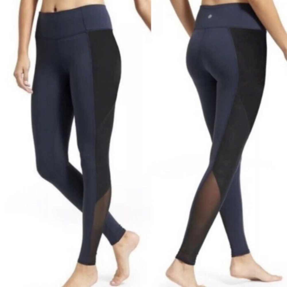 Athleta High Rise Mesh Tux Chaturanga Leggings Blue & Black | Size Small